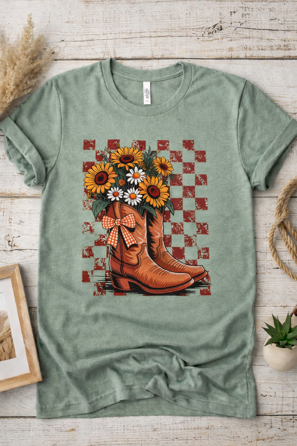 Sunflower in Boots w/ Checker Print Graphic Tee