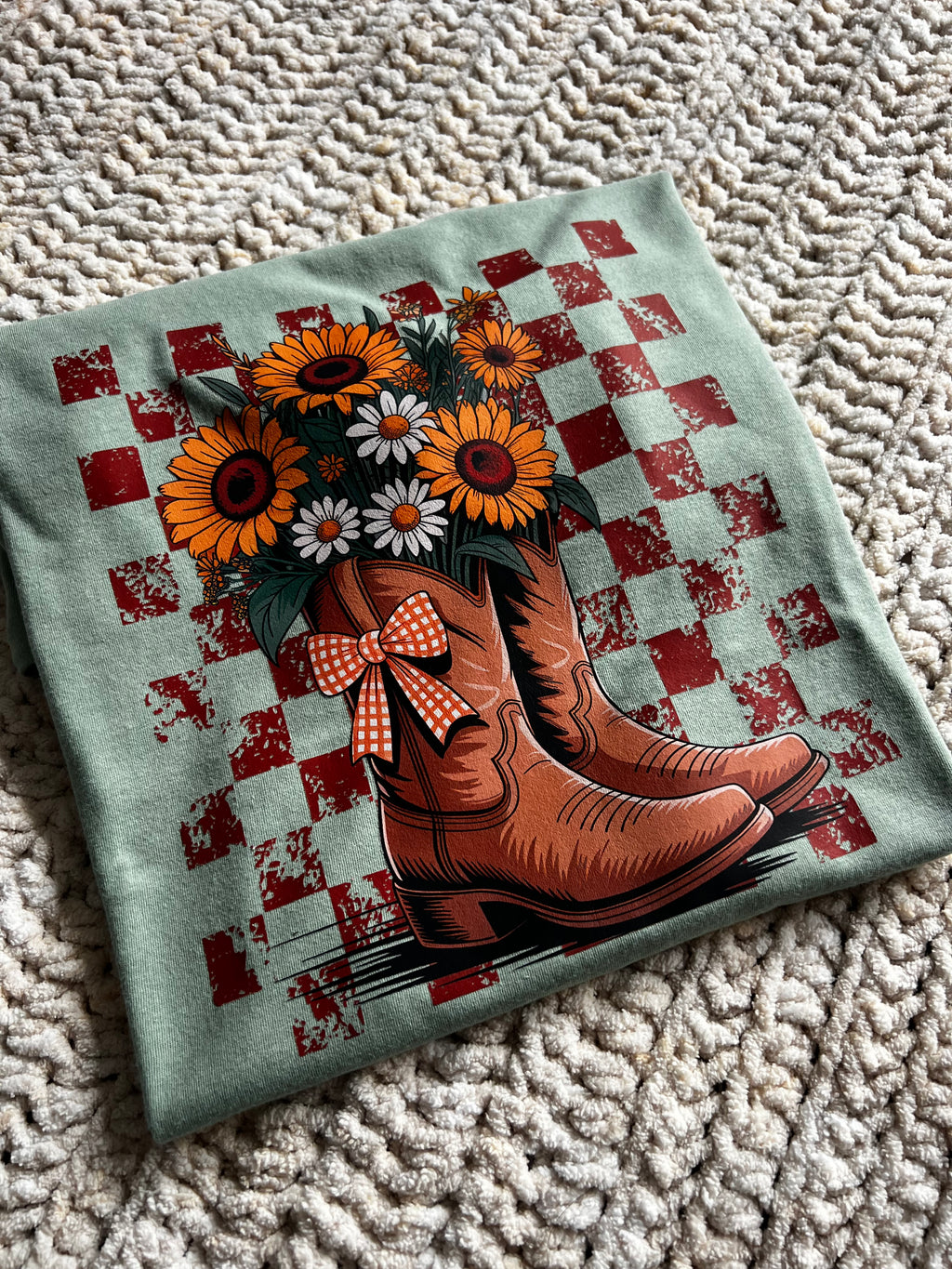 Sunflower in Boots w/ Checker Print Graphic Tee