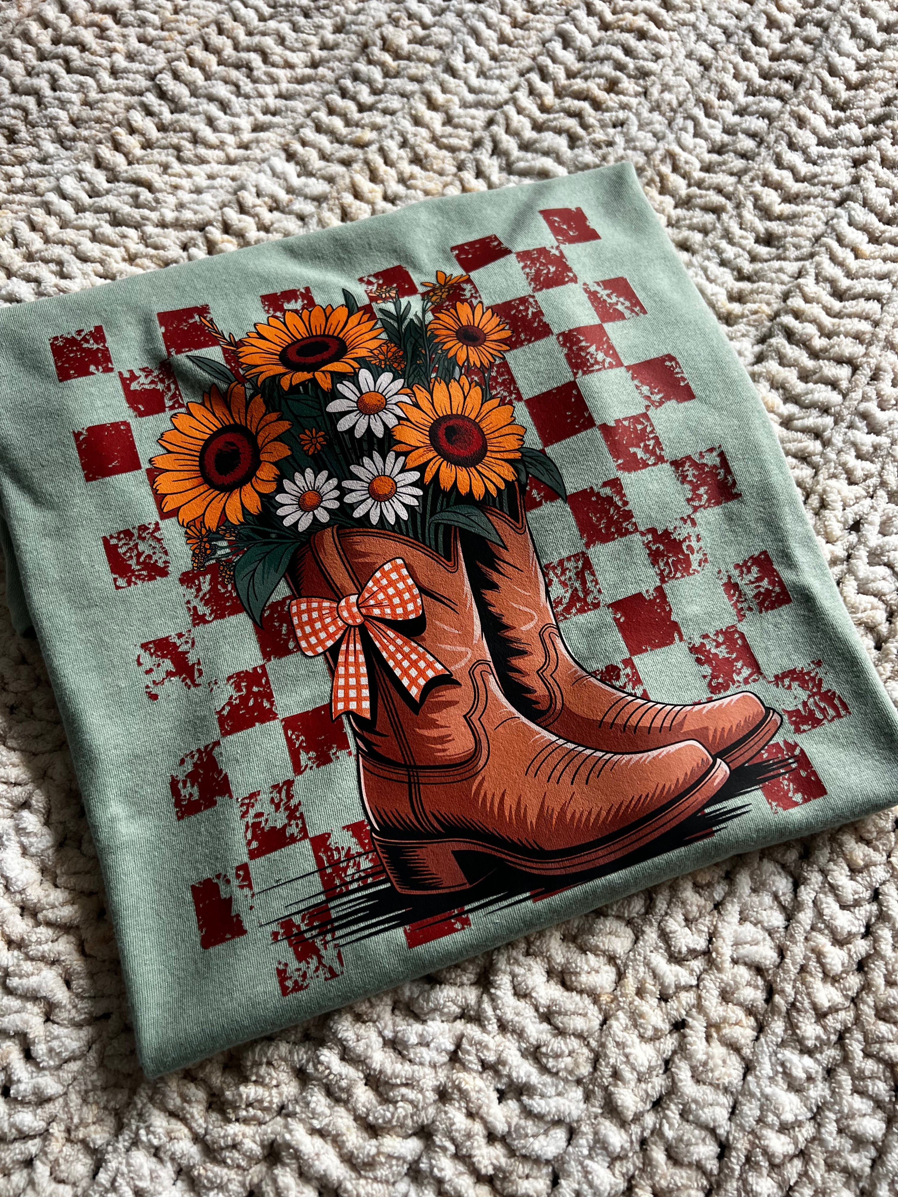 Sunflower in Boots w/ Checker Print Graphic Tee