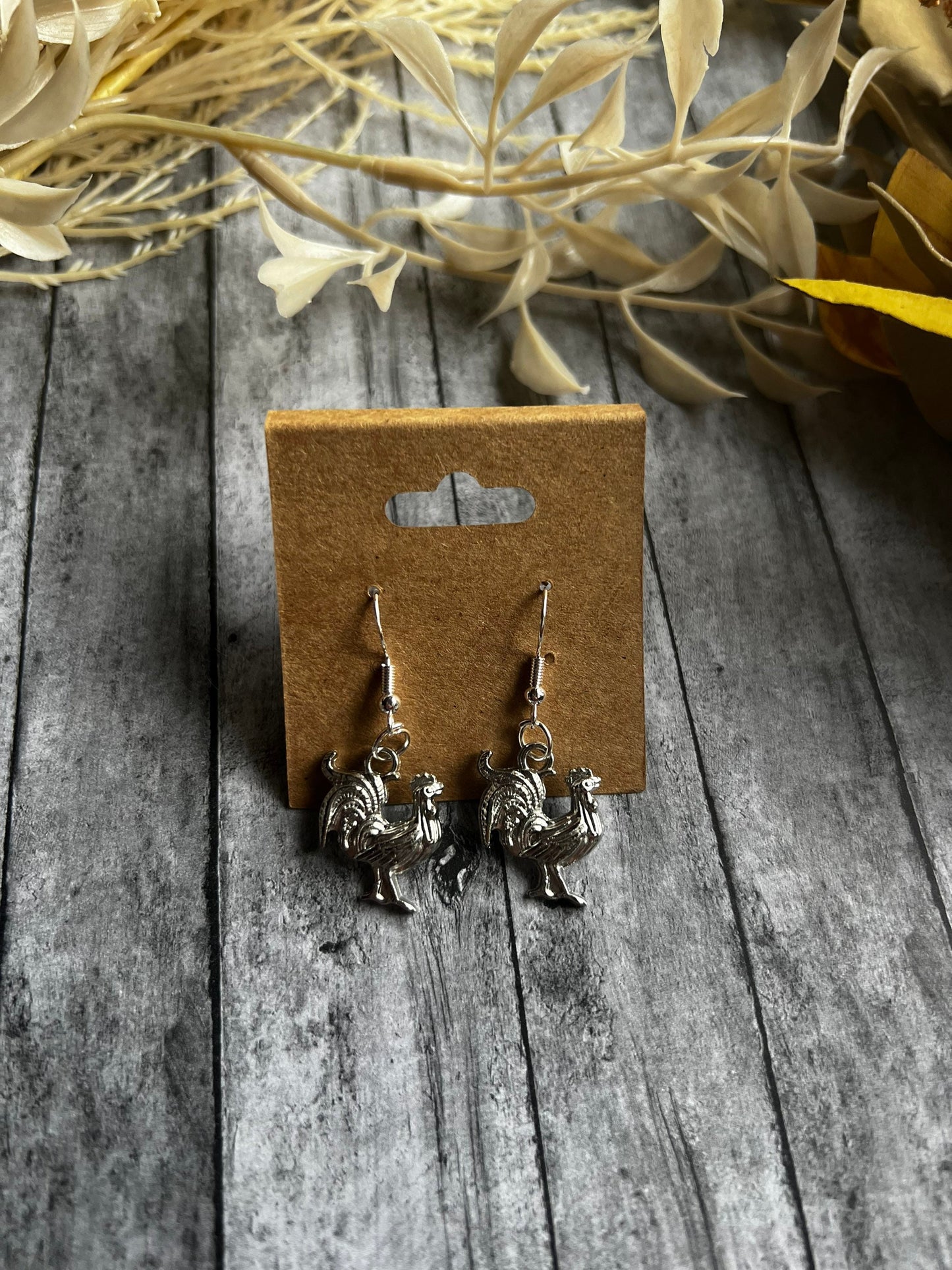 Rooster Dangle Earrings, 925 Sterling Silver Plated Earrings, Hypoallergenic Earrings, Silver Earrings, Farm Animal Earrings, Gifts for Her