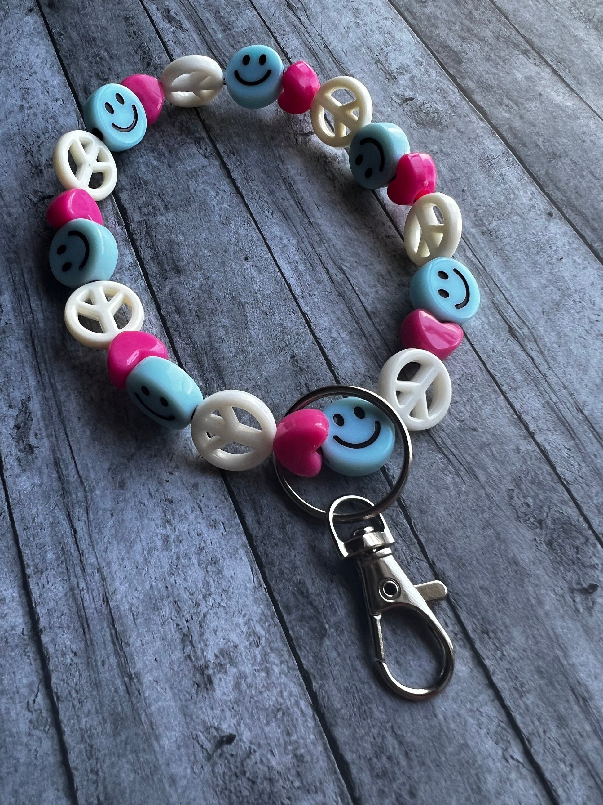 Blue, Pink and White Smiley Face Keychain, Smiley Face Wristlet, Keychain Accessories, Backpack Keychain, Bag Keychain, Gifts for Her