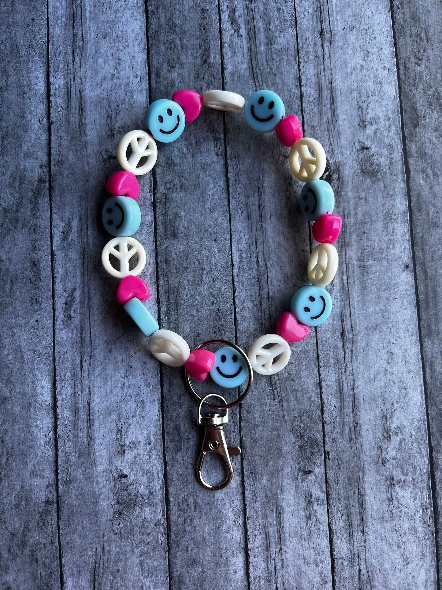 Blue, Pink and White Smiley Face Keychain, Smiley Face Wristlet, Keychain Accessories, Backpack Keychain, Bag Keychain, Gifts for Her