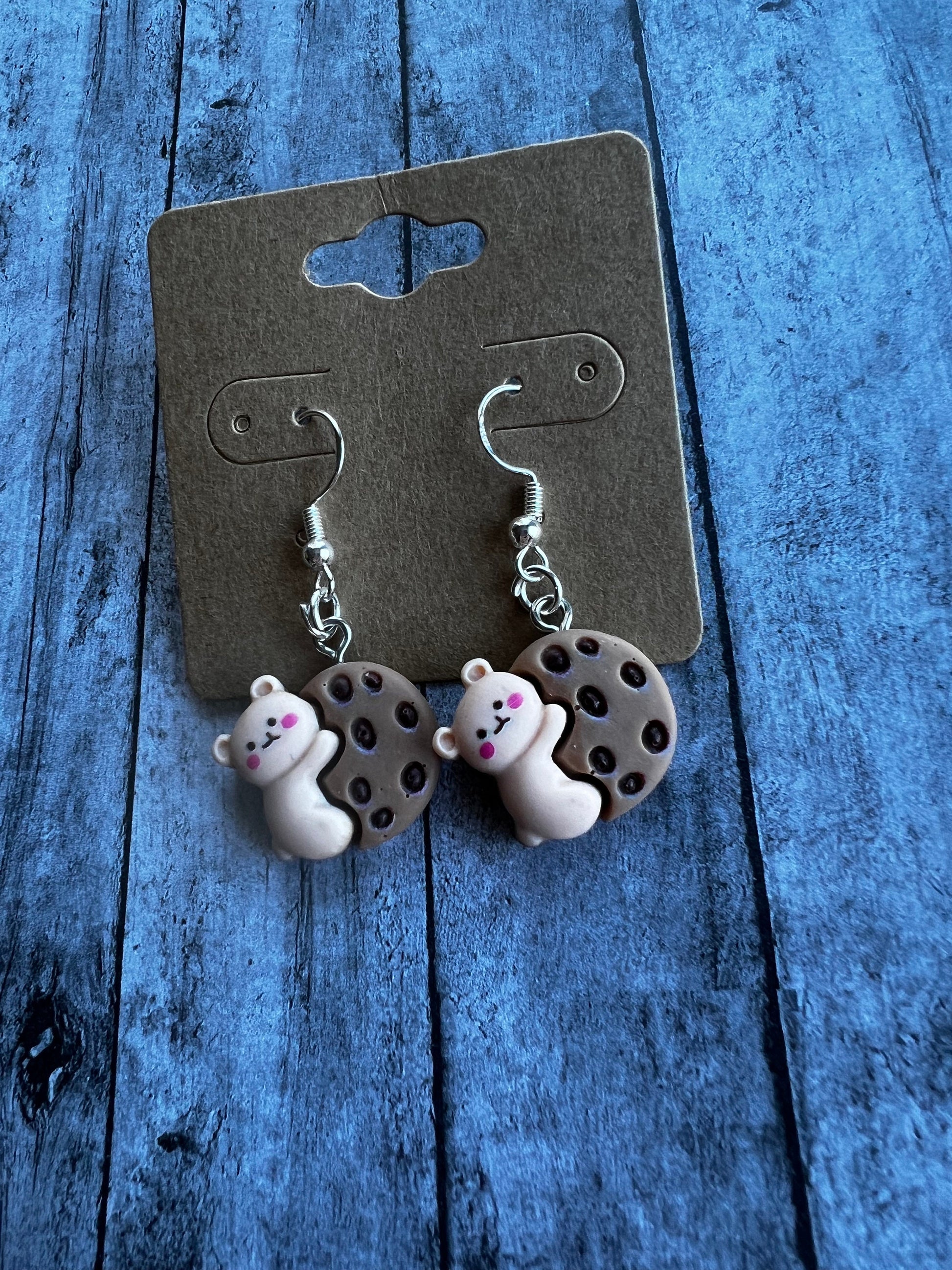 Bear Holding Cookie Earrings, Cookie Earrings, Hypoallergenic Earrings, 925 Sterling Silver Plated Earrings, Cute Earrings