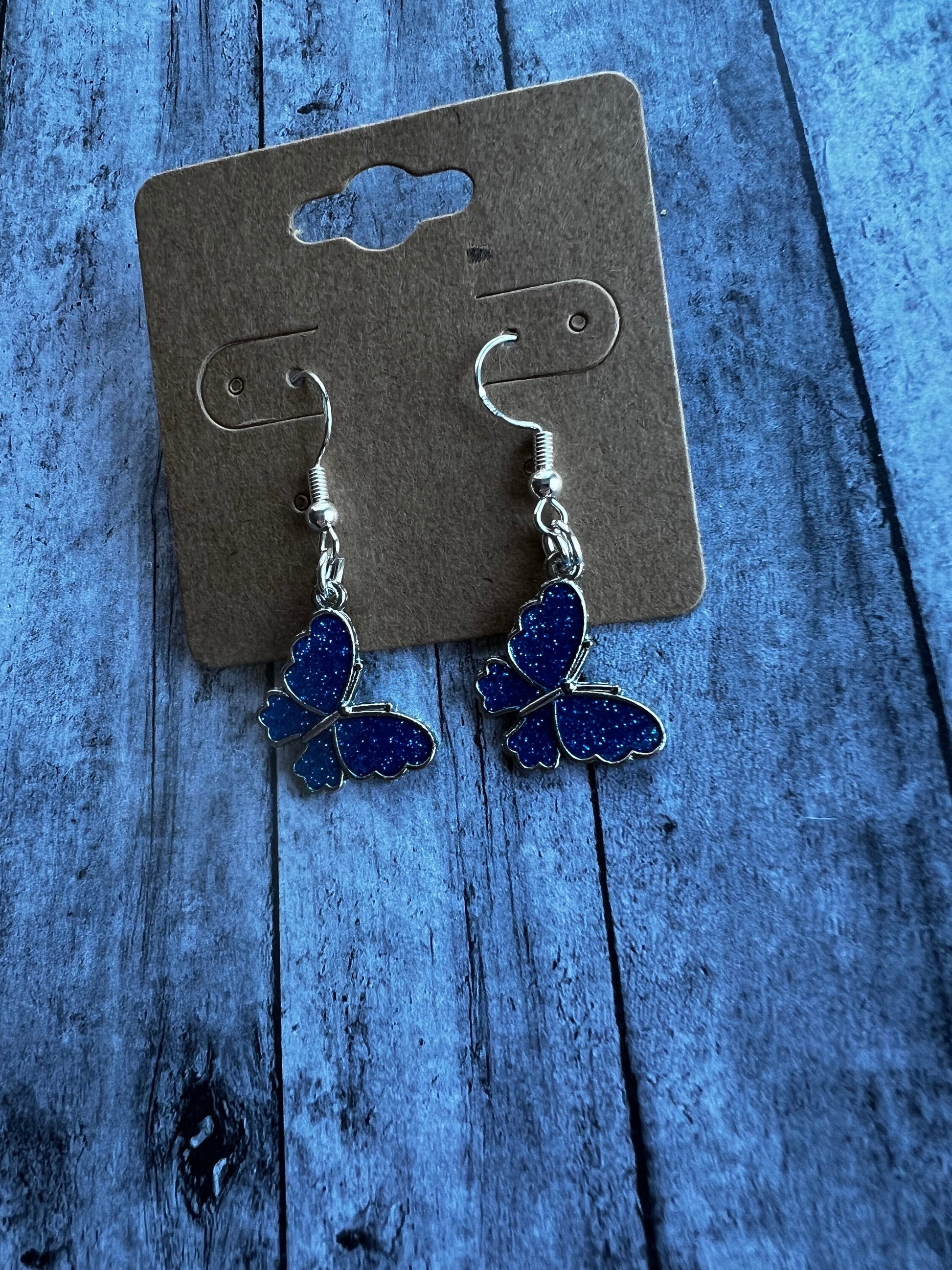 Blue Sparkly Butterfly Earrings, Alloy Butterfly Earrings, Hypoallergenic, 925 Sterling Silver Plated Earrings, Elegant Butterfly Earrings