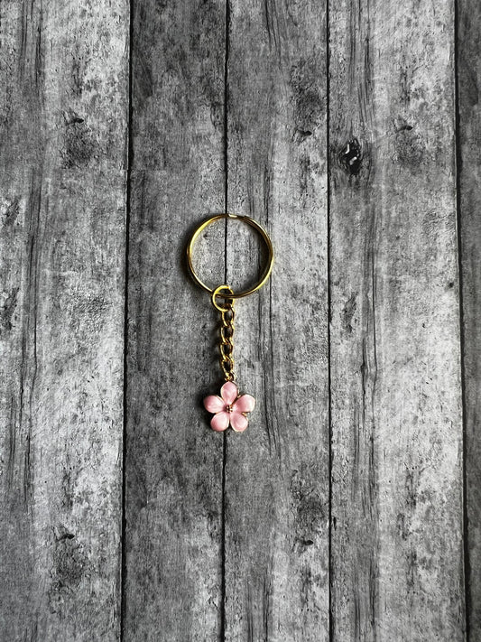 Pink Flower Alloy Keychain, Pink Flower Keychain, Gold Keychain, Backpack Keychain, Wristlet Keychain, Gifts for Her