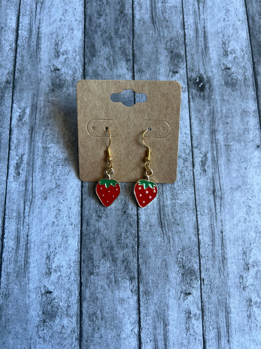 Cute Strawberry Earrings, Gold Jewelry, Fruit Earrings, Red Earrings, Gifts for Her, Light Earrings, Dangly Earrings, Quirky Earrings