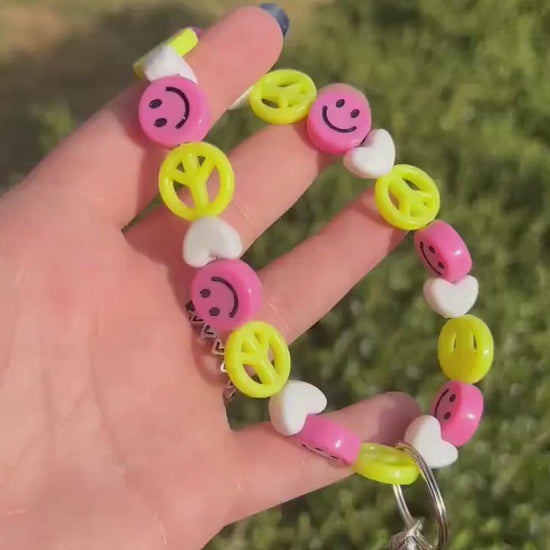 Yellow, Pink and White Smiley Face Key Chain for Keys | Smiley Face Bracelet | Key Chain Accessories | Gifts for Her | Teachers Gift