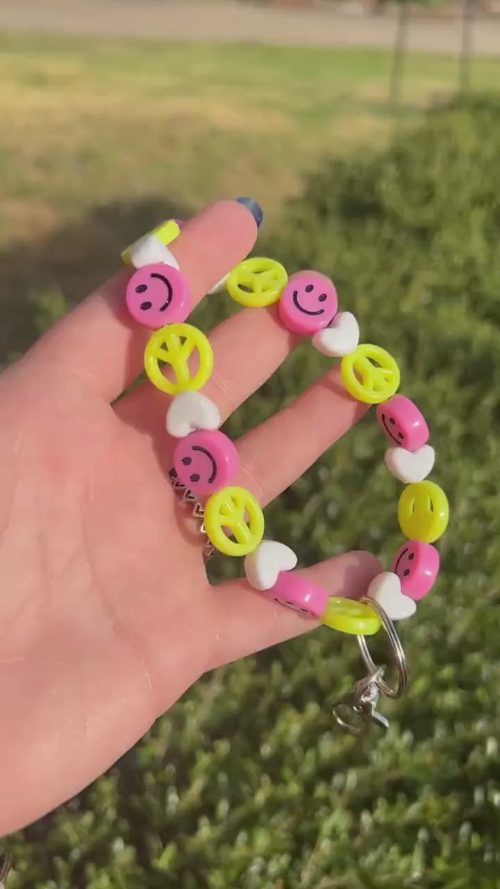 Yellow, Pink and White Smiley Face Key Chain for Keys | Smiley Face Bracelet | Key Chain Accessories | Gifts for Her | Teachers Gift